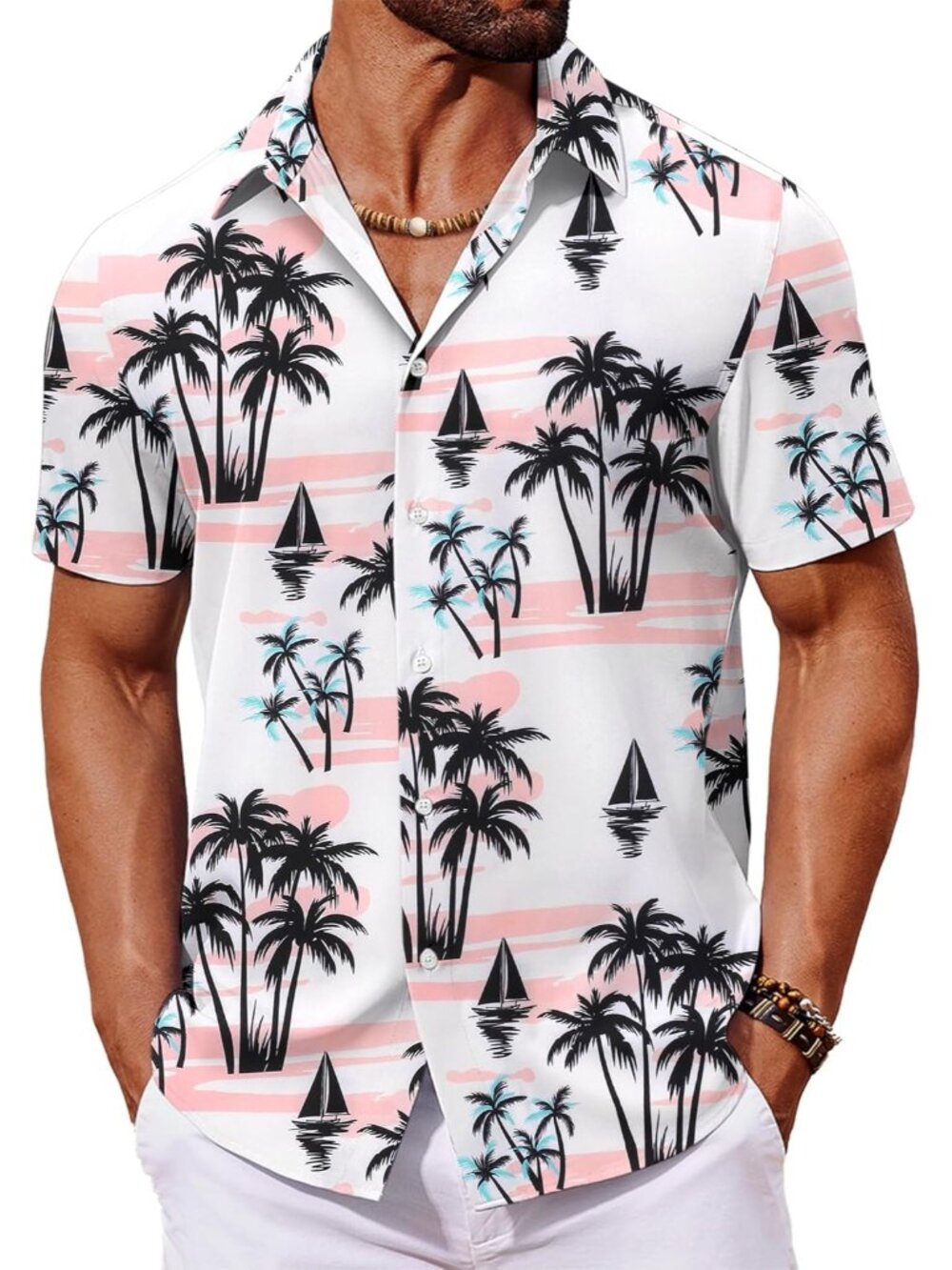 Men's Pink 1 Hawaiian Short Sleeve Tropical Floral Summer Button Down Shirts